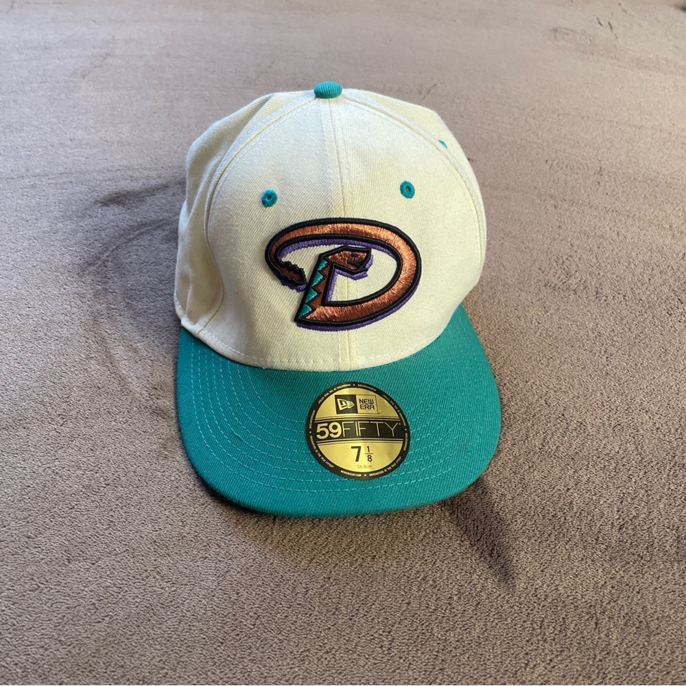 New Era White Crown Teal Brim Arizona D-Logo 59FIFTY Fitted Hat